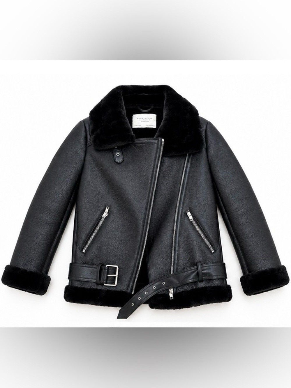 Zara Black Faux Leather Shearling Biker Jacket